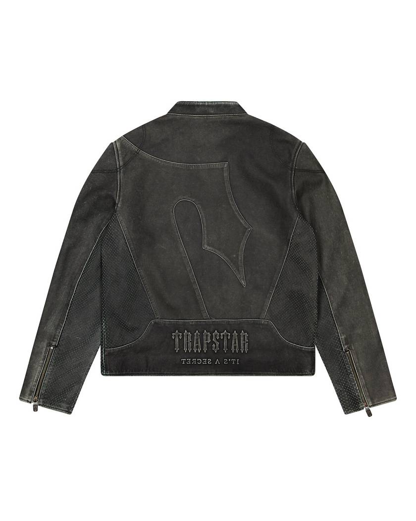 Trapstar Irongate T Panel Leather Biker Jacket Black | TS-65457
