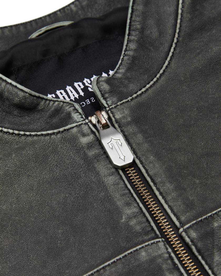 Trapstar Irongate T Panel Leather Biker Jacket Black | TS-65457
