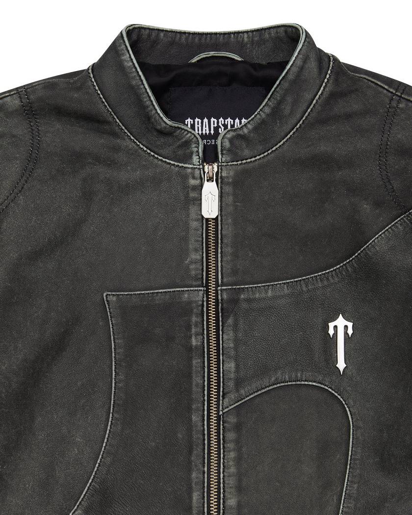 Trapstar Irongate T Panel Leather Biker Jacket Black | TS-65457