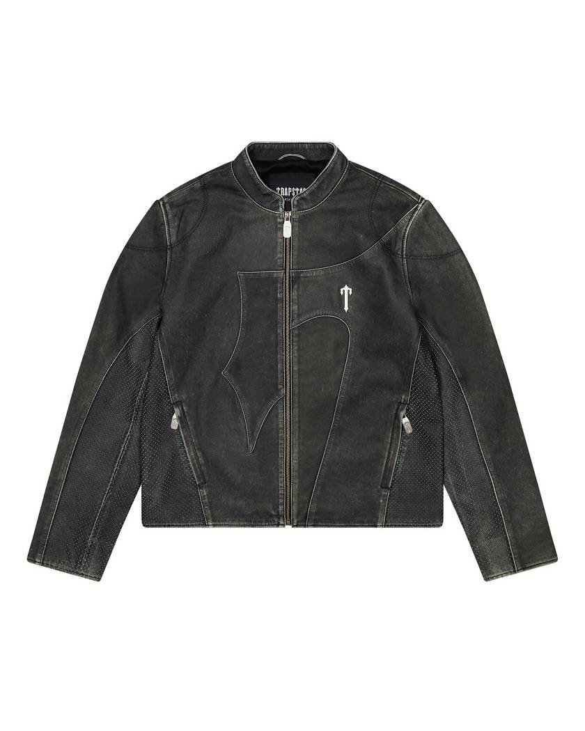 Trapstar Irongate T Panel Leather Biker Jacket Black | TS-65457
