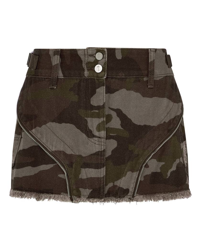 Trapstar Irongate T Womens Denim Zip Detail Mini Skirt Brown Camo | TS-65099