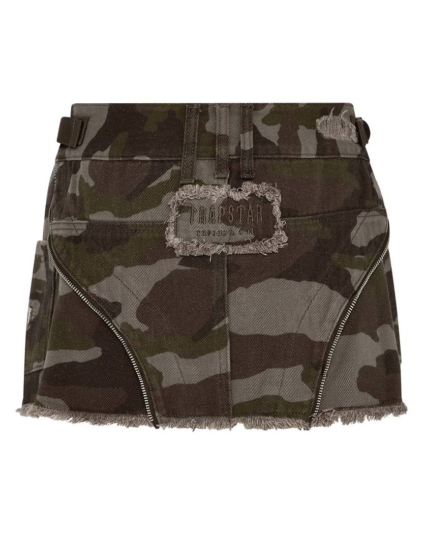 Trapstar Irongate T Womens Denim Zip Detail Mini Skirt Brown Camo | TS-65099