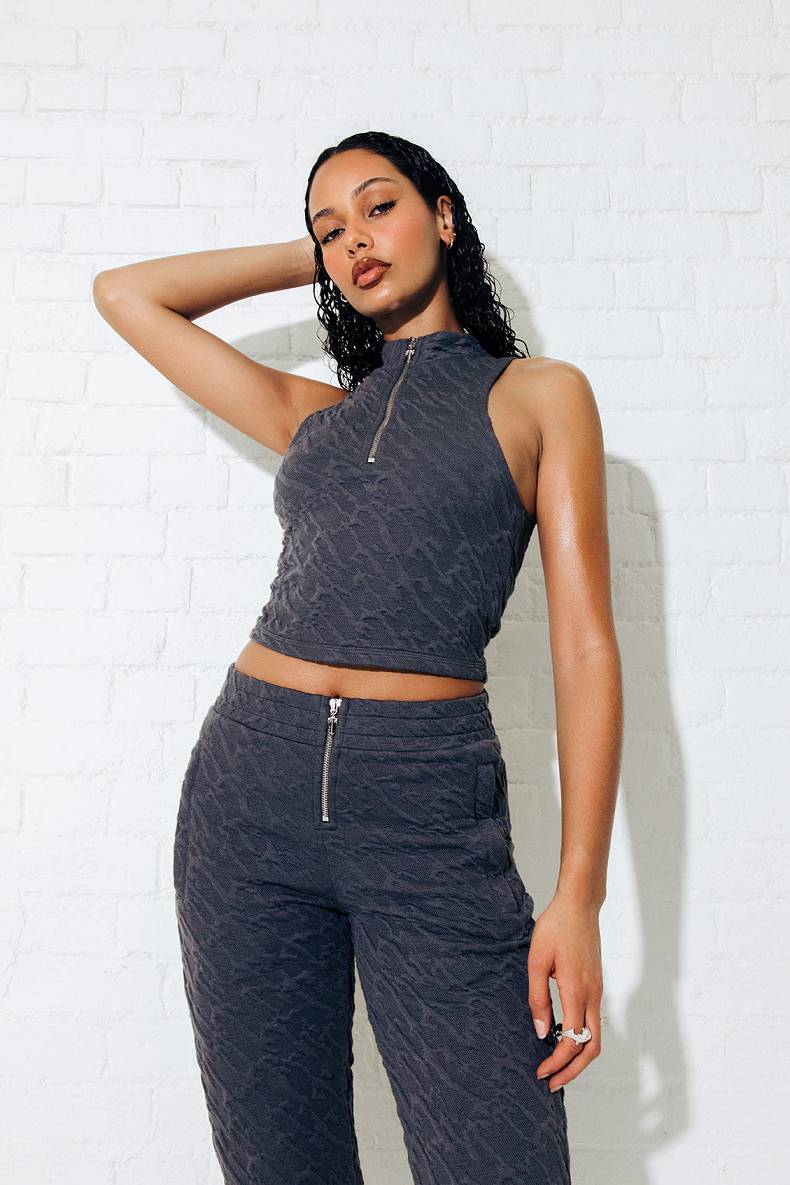 Trapstar Jacquard Fitted Zip Crop Top Grey | TS-65123
